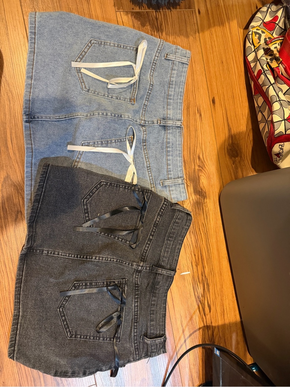 SHEIN Light Blue & Charcoal Denim Mini Skirts with Ribbon Pocket Ties